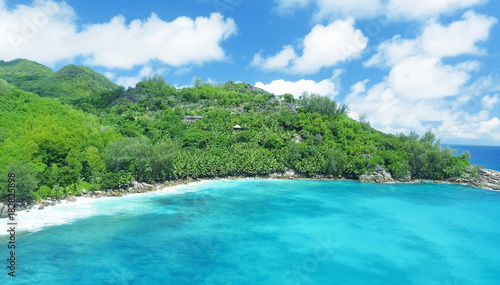 Aerial view of beautiful Seychelles beach and trees