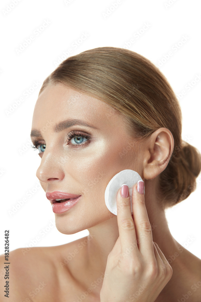 Closeup Sexy Female Face With Cotton Pad, Removing Makeup Closeup Sexy Female Face With Cotton Pad, Removing Makeup
