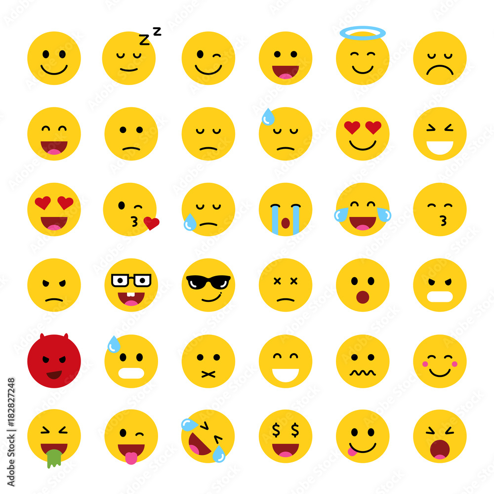 Set of cute smiley emoticons, flat design, vector illustration Stock ...