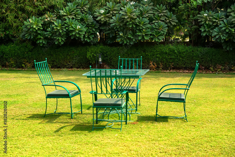 Garden furniture set on lawn on sunny day