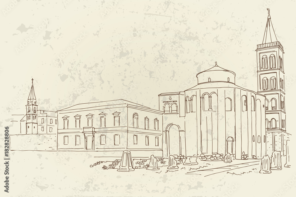 vector sketch of St.Donatus church on the Roma Forum in Zadar. Croatia.