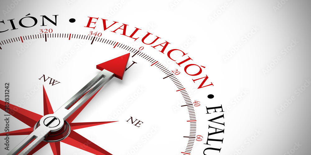 Kompass zeigt auf das Wort Evaluación / Bewertung Kompass zeigt auf das Wort Evaluación / Bewertung