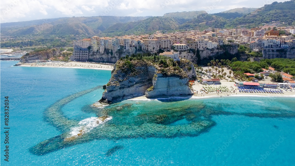 Aerial view of Tropea coastline in Calabria, Italy