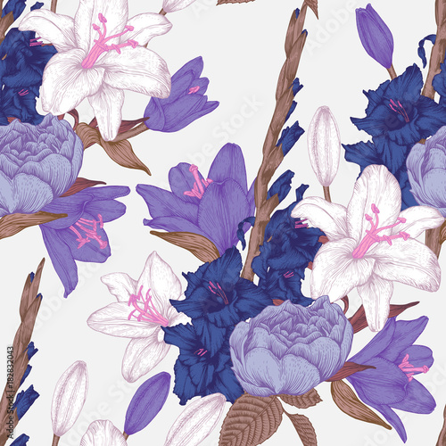 Vector floral seamless pattern with hand drawn gladiolus flowers, lilies and roses in vintage style