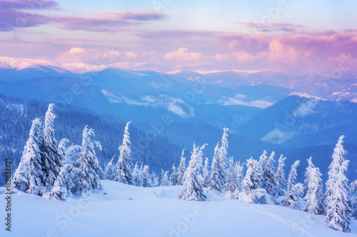Winter mountain landscape at sunset, snowy hills of ski resort in Carpathians © larauhryn