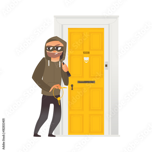 vector cartoon thief burglar housebreaker in mask, hood, breaking and entering in a victim's house holding stolen keys in hand. Isolated illustration on a white background.