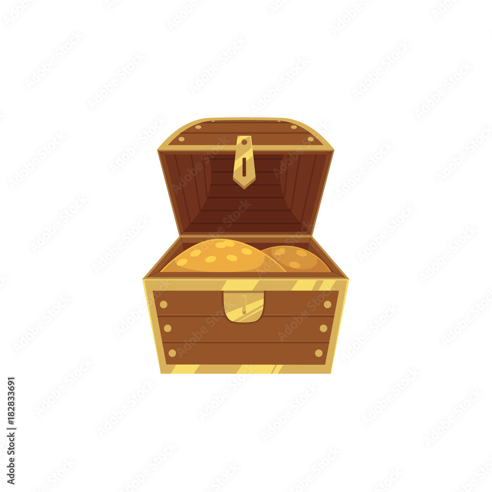 vector opened wooden treasure chest full of golden coins icon. Isolated illustration on a white background. Flat cartoon symbol of adventure, pirates, risk profit and wealth. vector opened wooden treasure chest full of golden coins icon. Isolated illustration on a white background. Flat cartoon symbol of adventure, pirates, risk profit and wealth.