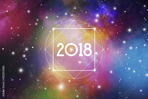 Astrological New Year 2018 Greeting Card or Calendar Cover on Cosmic Background.