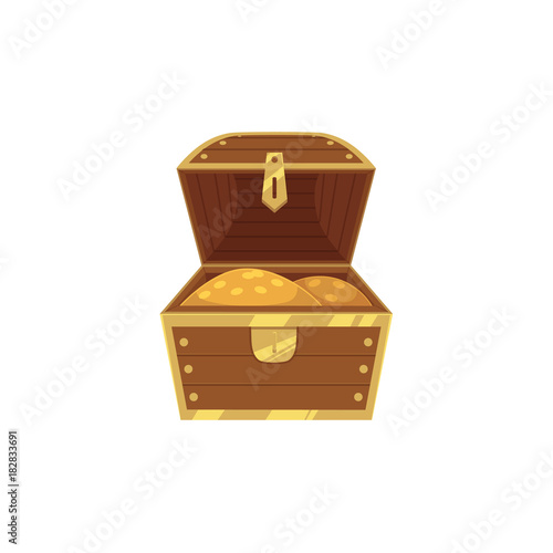 vector opened wooden treasure chest full of golden coins icon. Isolated illustration on a white background. Flat cartoon symbol of adventure, pirates, risk profit and wealth.