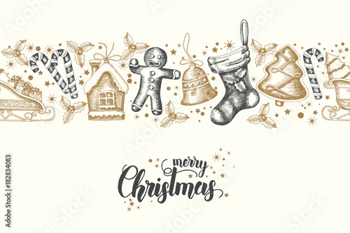 Seamless trendy pattern with hand drawn golden-black christmas objects. Merry Christmas and Happy New Year. Sketch. Lettering. Background can be used for wallpaper,web,banner, textile, packaging
