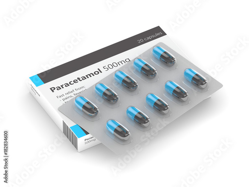 3d rendering of paracetamol pills over white photo