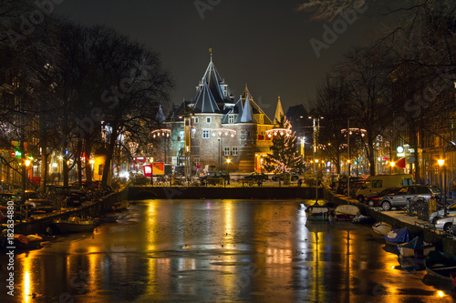 Photography Christmas time on the Nieuwmarkt in Amsterdam at night in the Netherlands