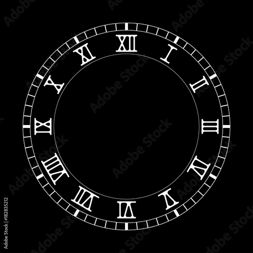 Clock face. Blank white clock with roman numerals on black background
