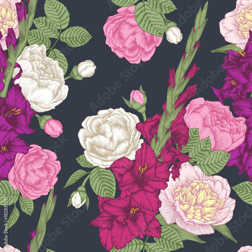 Fototapet Vector floral seamless pattern with hand drawn gladiolus flowers, roses and peon