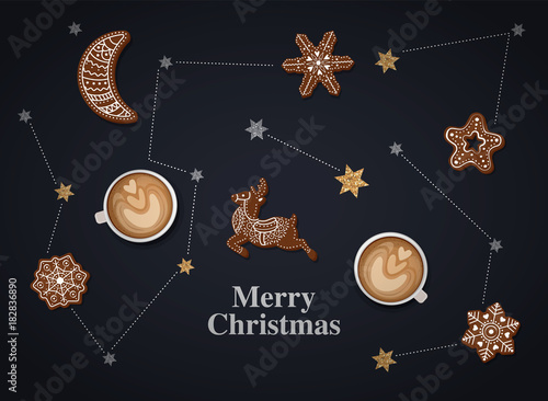 New Year and Christmas card, constellation of gingerbread and cookies, cappuccino. Vector. Congratulation