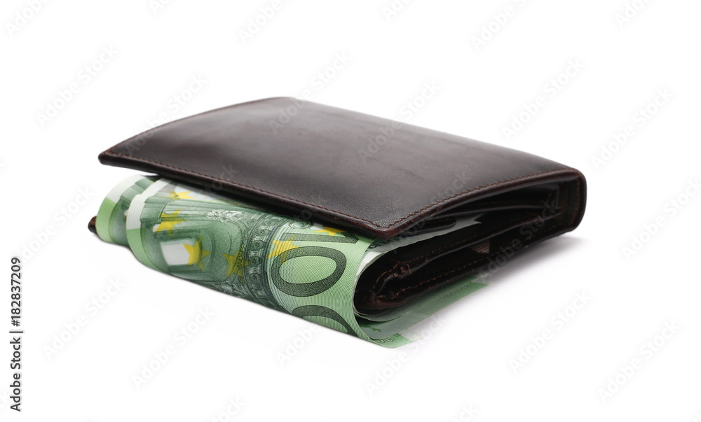 Hundred euro bills in brown wallet, isolated on white background
Hundred euro bills in brown wallet, isolated on white background