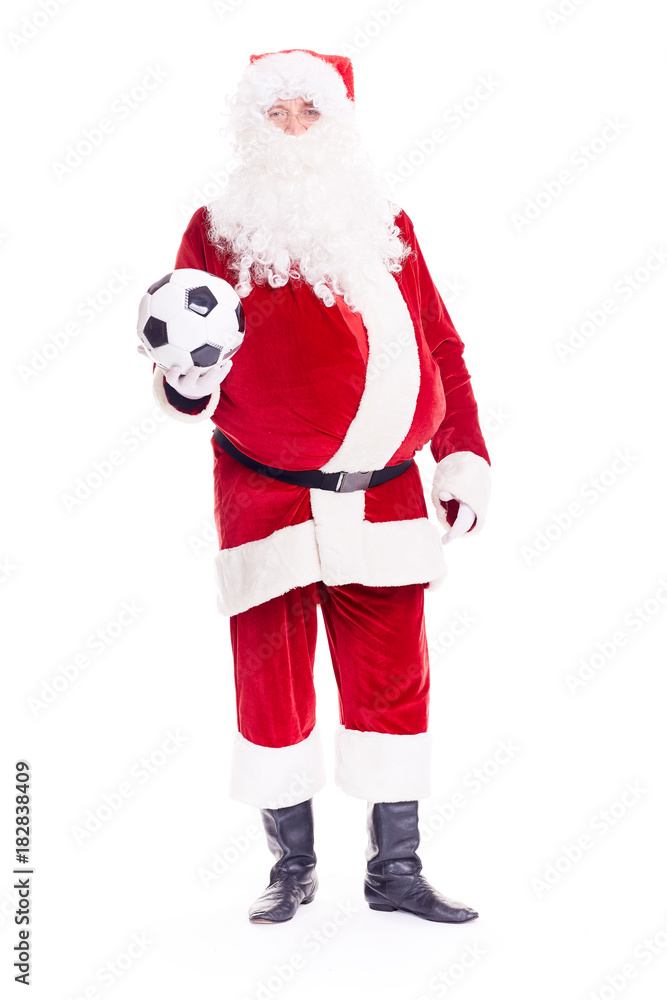 Portrait of Santa Claus holding soccer ball on white background Portrait of Santa Claus holding soccer ball on white background