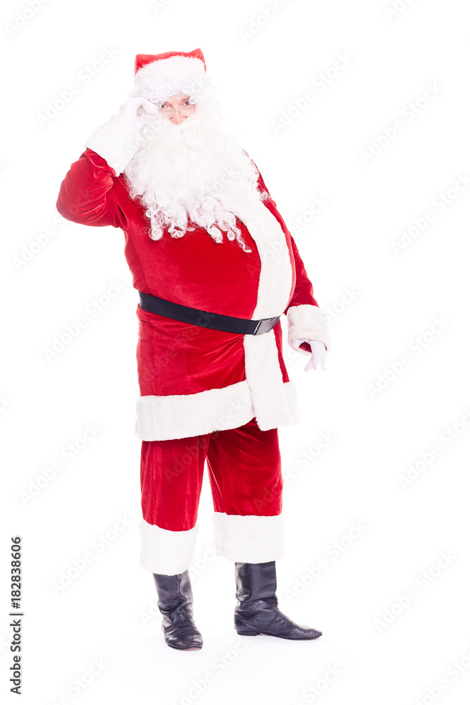 Portrait of Christmas character Santa Claus in traditional costume on white background Portrait of Christmas character Santa Claus in traditional costume on white background