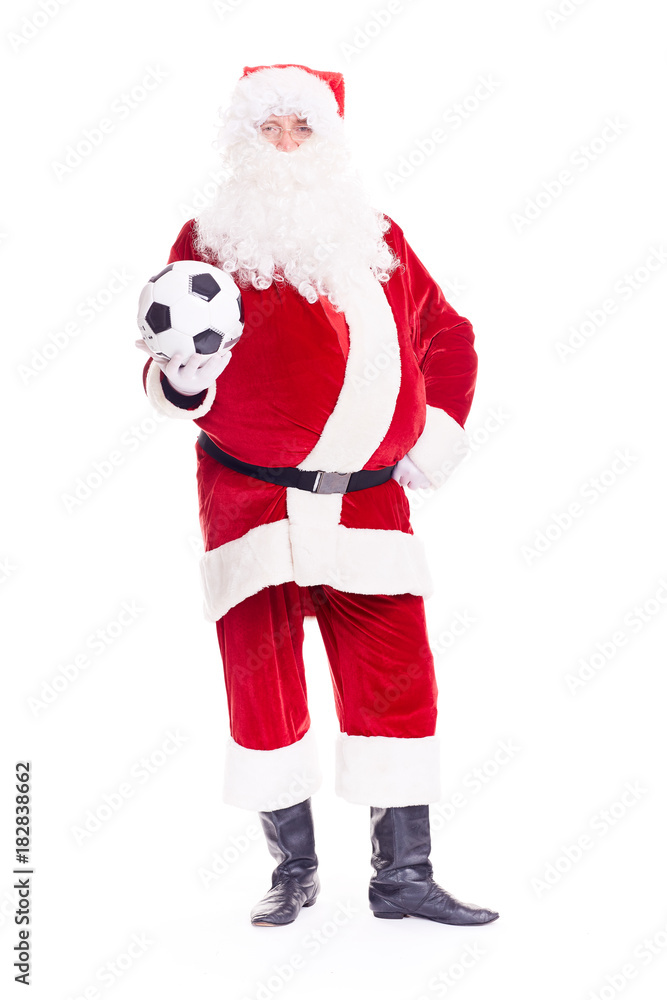 Portrait of Santa Claus holding soccer ball on white background Portrait of Santa Claus holding soccer ball on white background