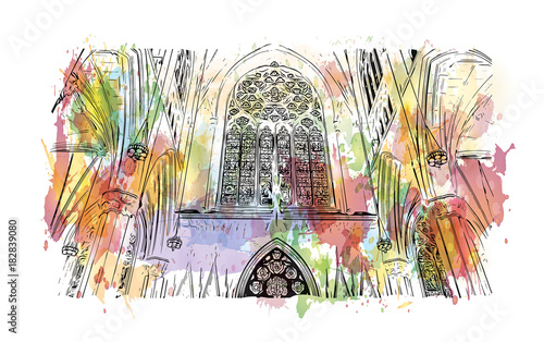 Watercolor splash with hand drawn sketch of The Cathedral of St. John the Divine, officially the Cathedral Church of Saint John, New York in vector illustra