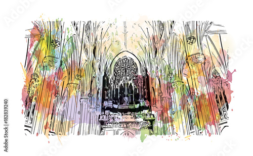 Watercolor splash with hand drawn sketch of The Cathedral of St. John the Divine, officially the Cathedral Church of Saint John, New York in vector illustra