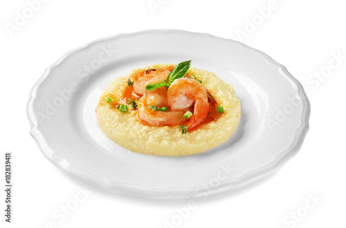 Plate with fresh tasty shrimp and grits on white background