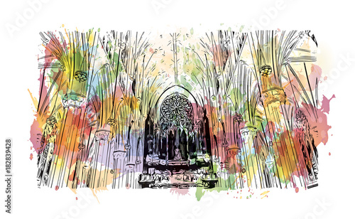 Watercolor splash with hand drawn sketch of The Cathedral of St. John the Divine, officially the Cathedral Church of Saint John, New York in vector illustra