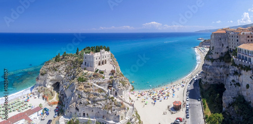 Tropea panoramic coastline and castle, aerial view of Calabria