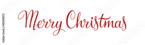 Merry Christmas vintage calligraphy vector text and xmas holiday celebration greeting card design. Horizontal red banner and poster with lettering. Typography design element. EPS 10.