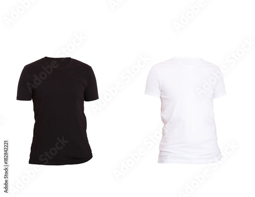 Close up of blank black and white t-shirt isolated on white. Mock up. t shirt copy space, shirt set