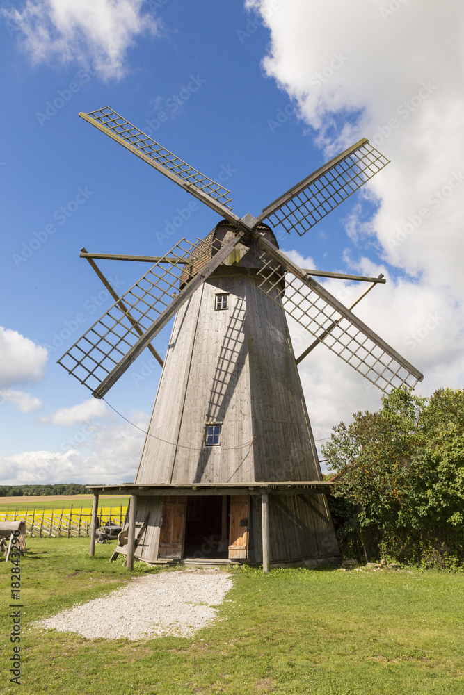 Old windmill in Angla Heritage Culture Center. A Dutch-style windmills at Saaremma island Estonia