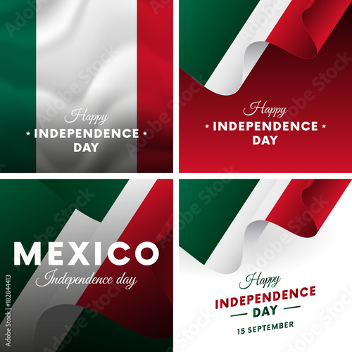 Banner or poster of Mexico independence day celebration. Super set. Waving flag. Vector illustration.