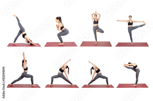 collection set of young asian woman in sportswear practicing yoga on the mat in different poses isolated on white background, exercise fitness, sport training and healthy lifestyle concept © Vittaya_25