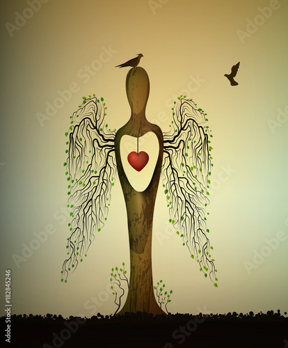 love the forest consept, forest soul, tree looks like angel with birds and red heart inside, love the tree concept, tree sculpture with birds, tree s dream,