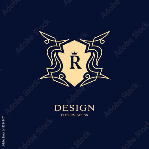 Line graphics monogram. Elegant art logo design. Letter R. Graceful template. Business sign, identity for Restaurant, Royalty, Boutique, Cafe, Hotel, Heraldic, Jewelry, Fashion. Vector elements