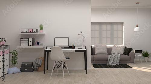 Home office minimal concept 3d illustration Interior design sofa in the modern living room copy space  and object minimal concept empty room and clean wall