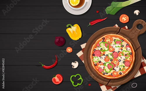 Pizza frame view from above cartoon gray black wood background with fresh ingredients vector illustration. Menu. 