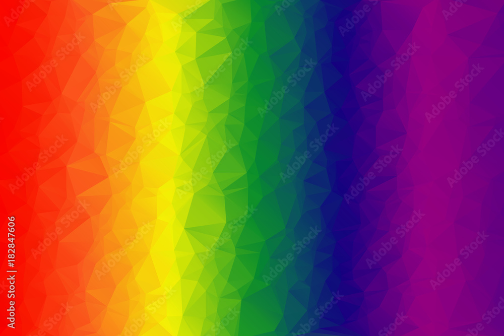 Bright multi-colored background. Spectrum of colors. Low polygon background of triangles as a crumpled piece of paper. All colors of rainbow: red, orange, yellow, green, blue, indigo, violet.  - obrazy, fototapety, plakaty 