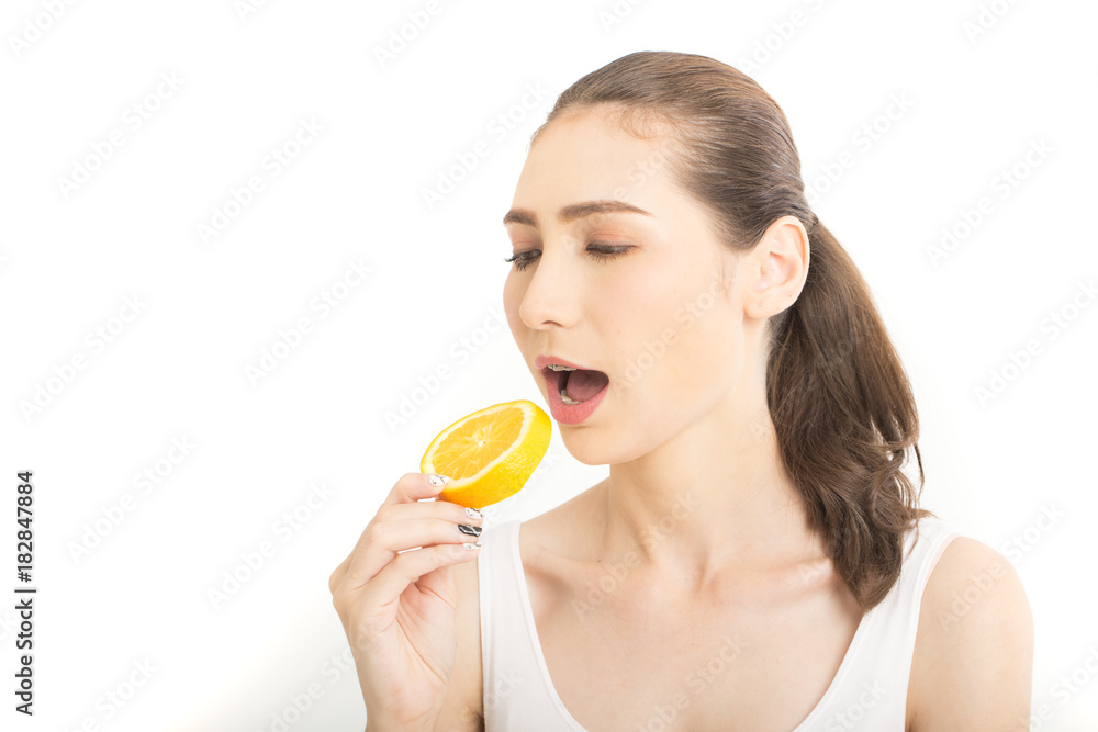 Portrait of smiling Beautiful woman with prange. isolated on white background. Woman Healthy Concept. Portrait of smiling Beautiful woman with prange. isolated on white background. Woman Healthy Concept.