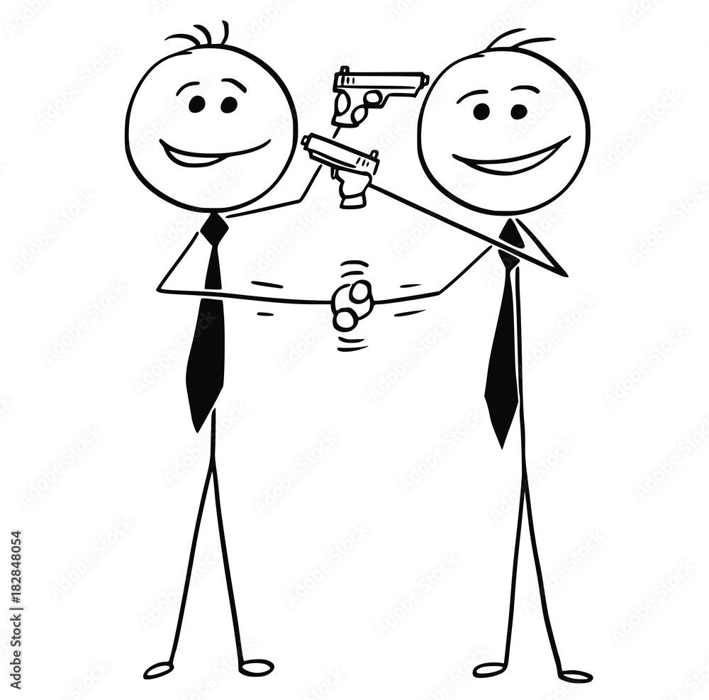 Vector Cartoon of Two Men Handshaking, Smiling and Pointing Guns at