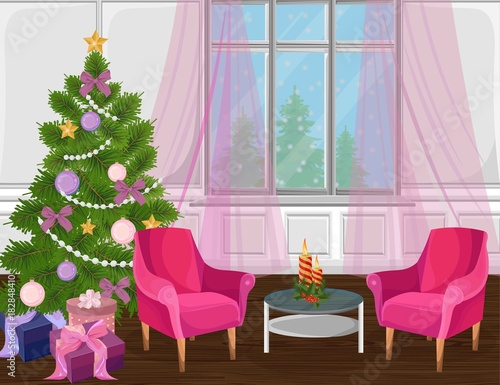 Classic livingroom interior with Christmas tree Vector. cartoon style colorfu...