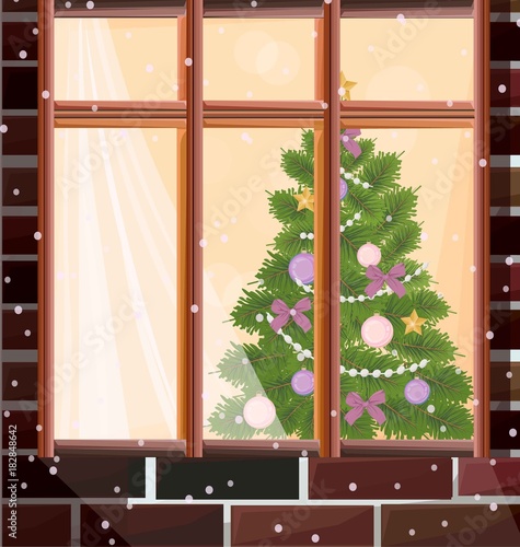 Window view with Christmas tree background Vector illustrations
