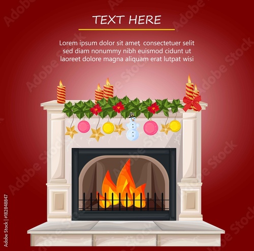 Winter fireplace chimney and Christmas presents Vector cartoon style