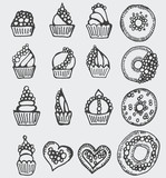Vector set with pasty goods. Baked tasty food and coffee. Design elements, sketch illustrations. Cupcake, pie, cinnamon roll, bun, croissant, muffin, cookie