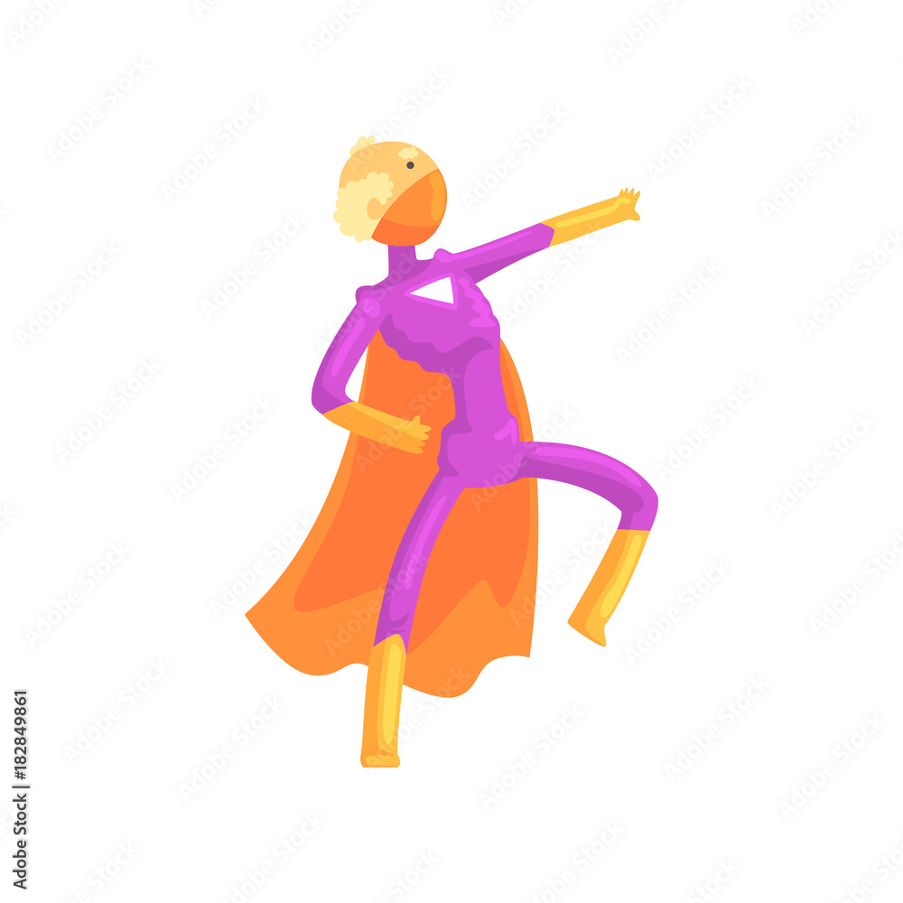 Grandfather character in comics superhero suit with orange cape and mask. Cartoon elderly man with super powers in action. Isolated flat vector