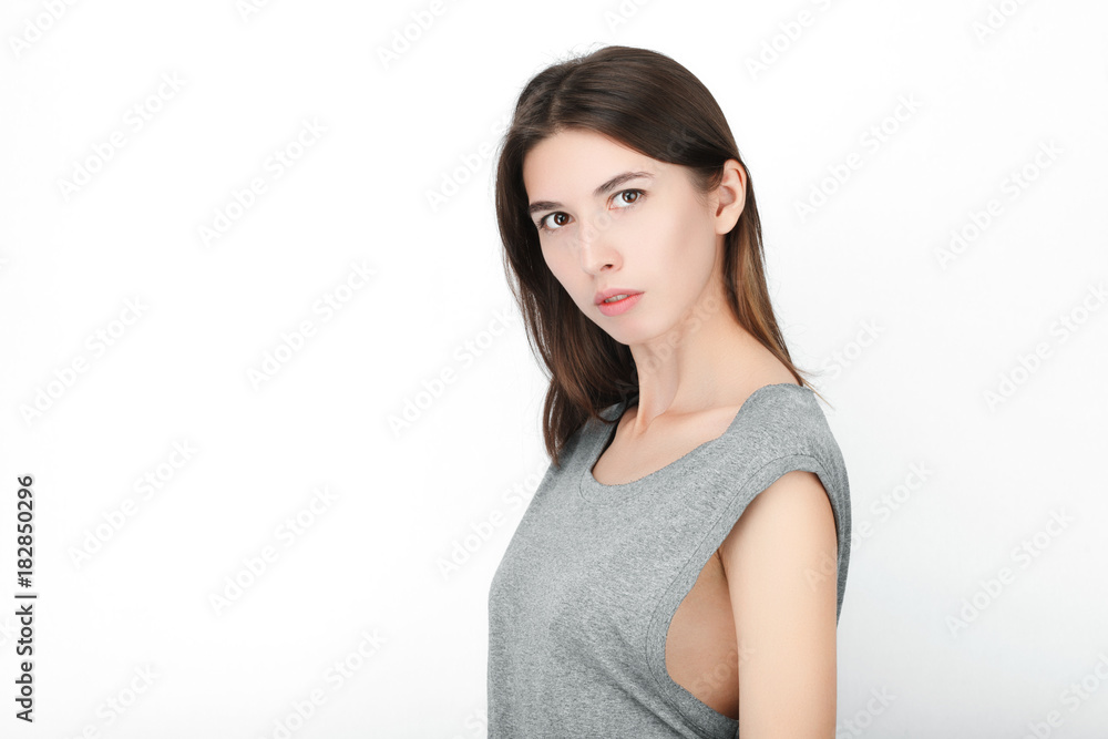 Excited happy looking woman. Closeup of happy mixed race asian caucasian female model isolated on white background. Excited happy looking woman. Closeup of happy mixed race asian caucasian female model isolated on white background.