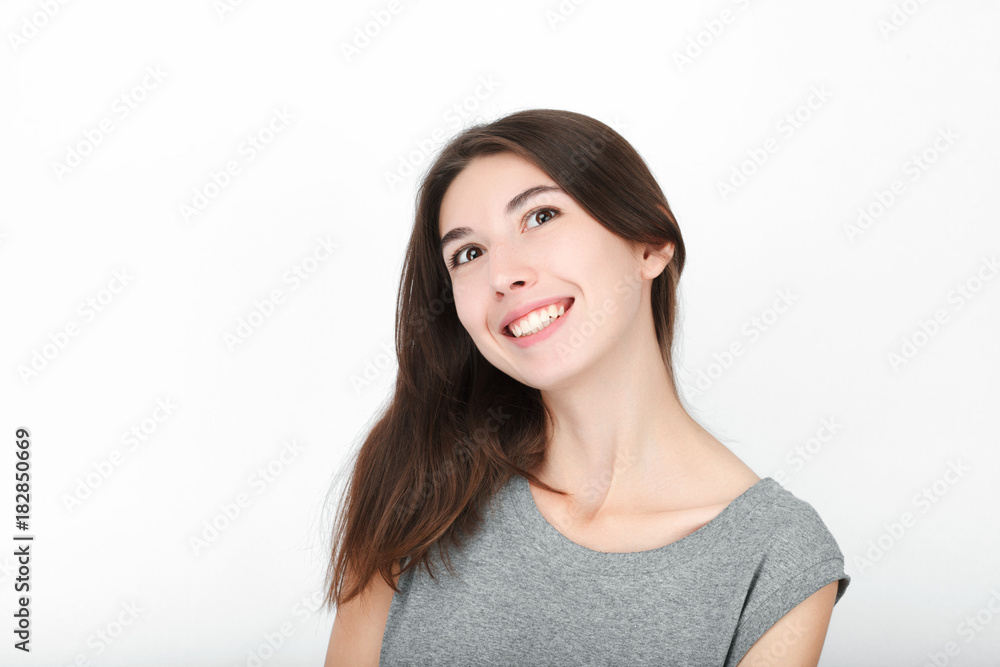 Excited happy looking woman. Closeup of happy mixed race asian caucasian female model isolated on white background. Excited happy looking woman. Closeup of happy mixed race asian caucasian female model isolated on white background.