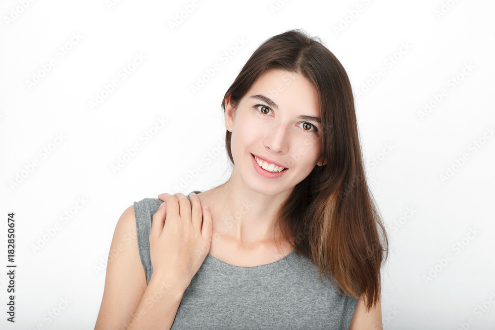 Excited happy looking woman. Closeup of happy mixed race asian caucasian female model isolated on white background. Excited happy looking woman. Closeup of happy mixed race asian caucasian female model isolated on white background.
