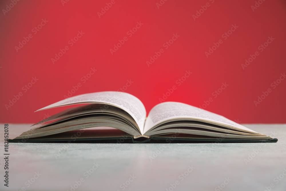 Fototapeta premium Composition with vintage old hardback books, diary, fanned pages on wooden deck table and red background. Books stacking. Back to school. Copy Space. Education background.