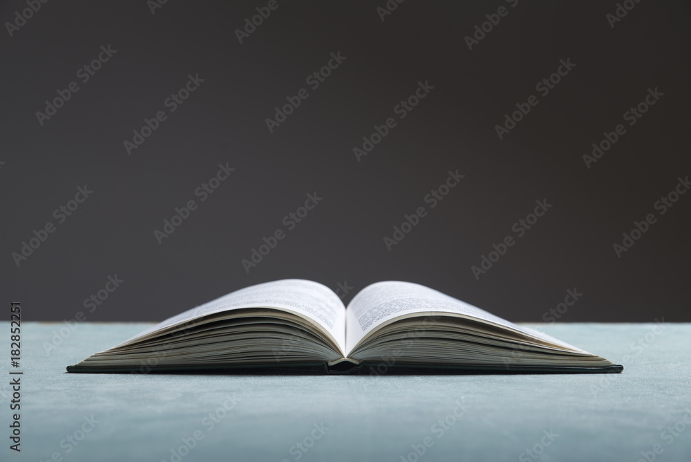 Obraz premium Composition with vintage old hardback books, diary, fanned pages on wooden deck table and red background. Books stacking. Back to school. Copy Space. Education background.